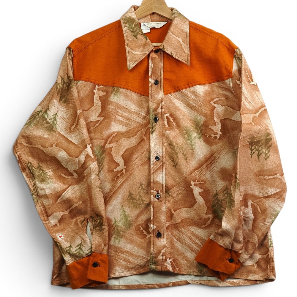 VTG 70s Deer Hunting Print Flannel Shirt Large Steven Wayne Deadstock Cotton**
